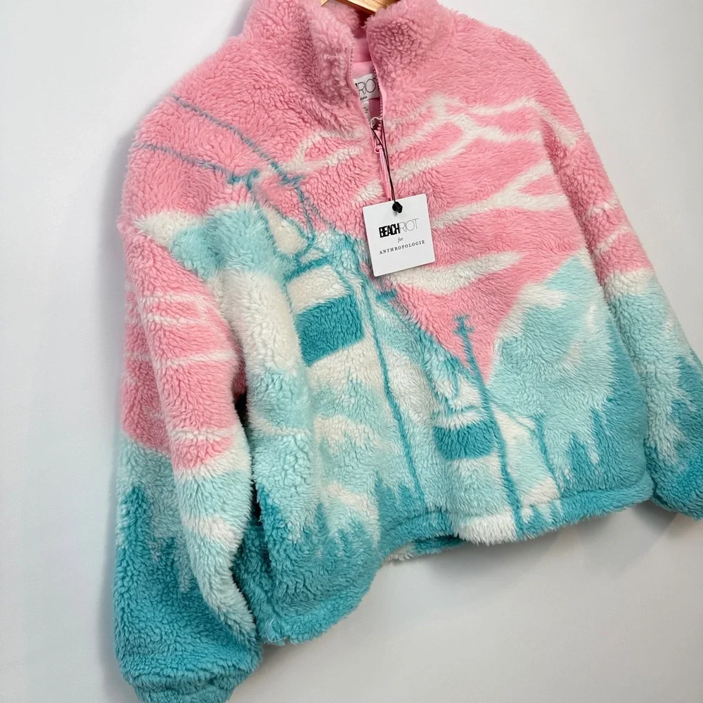Beach Riot for Anthropologie Ski Lift Fleece Pullover Pink Blue S NEW - Picture 2 of 11